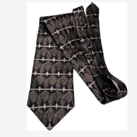 IV Front Mens Tie Geometric Black/Brown/Gold Repeat Diamonds & Stripes 100% Silk - Picture 1 of 3